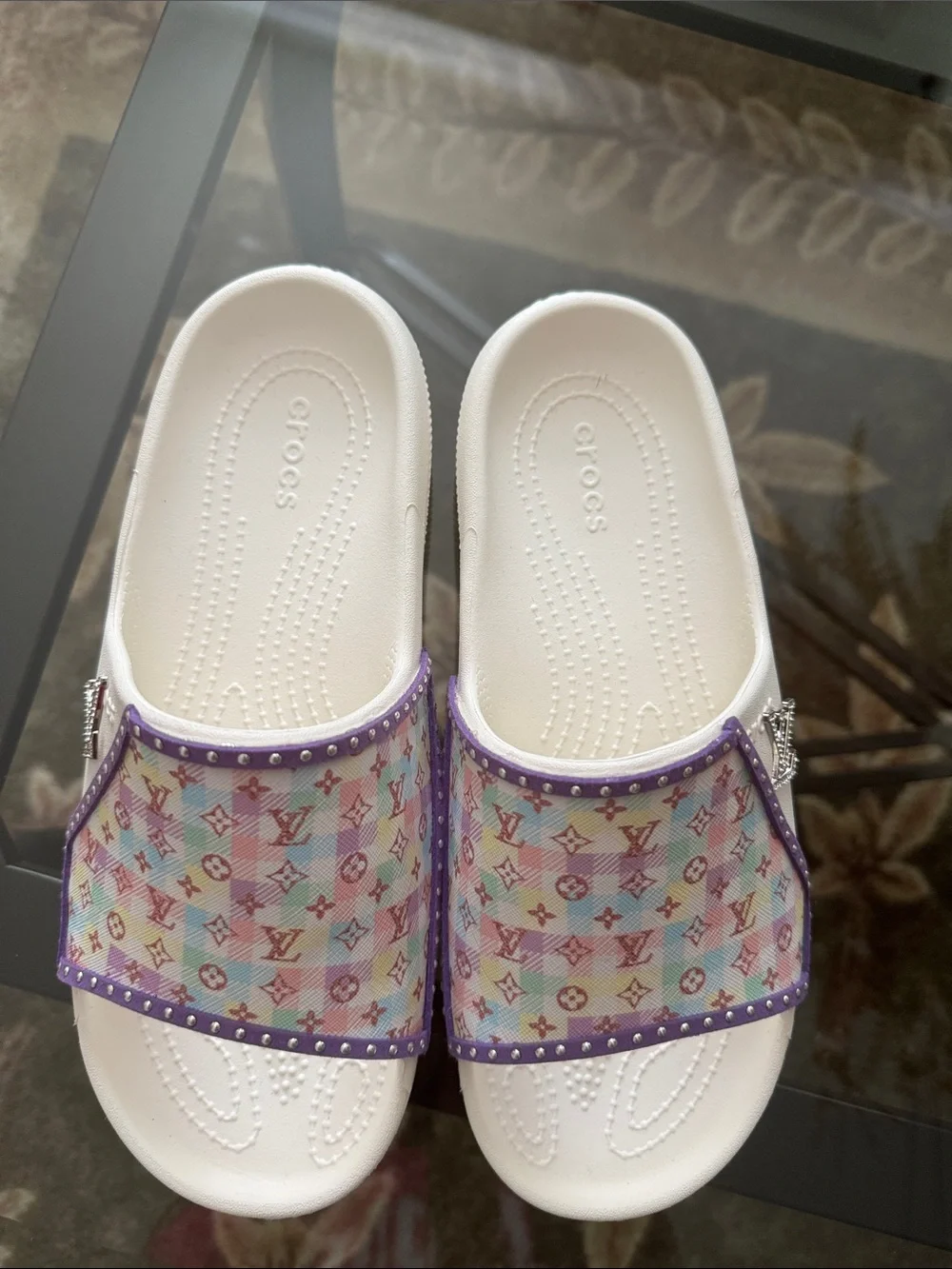 CROCS White Slides with Pastel Multicolor Monogram Strap